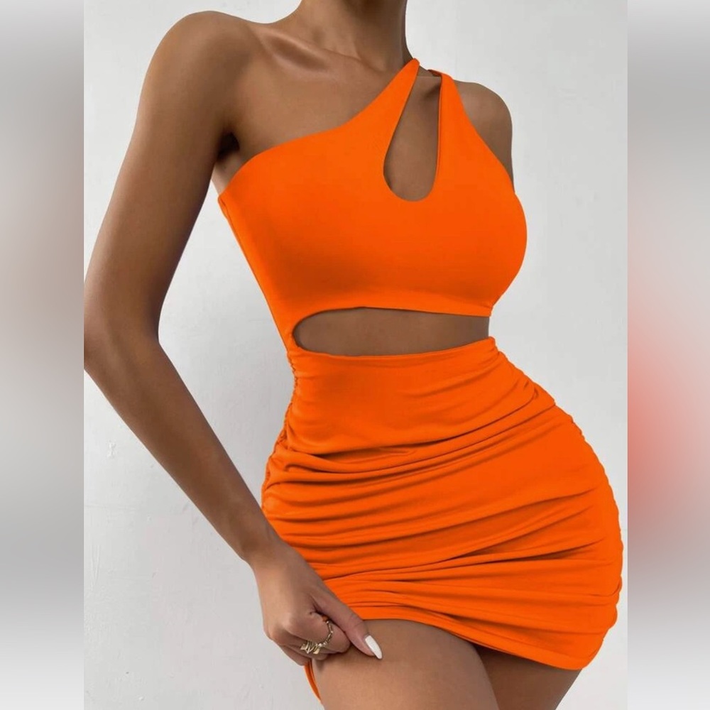 Neon orange one shoulder cut out bodycon dress